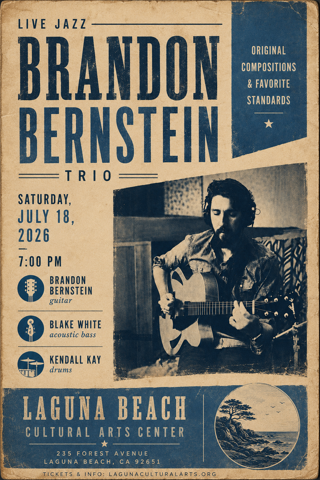 Brandon Bernstein Trio poster — Laguna Beach Cultural Arts Center, July 18, 2026